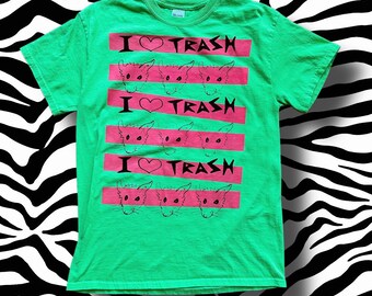 I Love Trash Rats T Shirt Upcycled Second Hand Neon Green Hot Pink Adult Medium M Cotton Punk