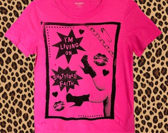Distillers Punk Shattered Faith Femme Rock Upcycled Screen Printed Hot Pink Extra Small XS tee