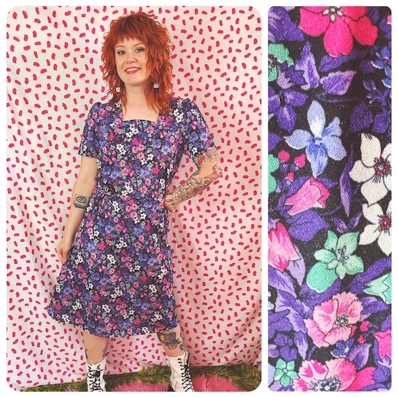 Vintage 1970’s/1980’s Purple Pink Floral Dress Cu… - image 1