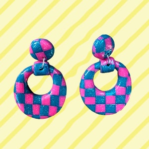 Handmade Polymer Clay Teal Blue and Pink Glitter Checked Print Dangle Round Earrings Kitsch Colorful image 1