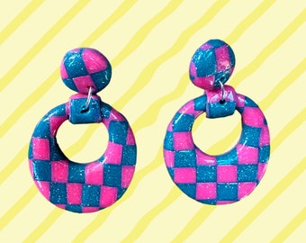 Handmade Polymer Clay Teal Blue and Pink Glitter Checked Print Dangle Round Earrings Kitsch Colorful