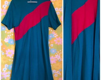 Vintage 1980's Teal Pink Cotton Jersey Dress With Matching Jacket Retro New Wave Size Large L