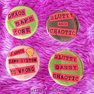 May include: Four round green and black buttons with red text. The buttons have the following text: "Chaos Safe Zone", "Slutty and Chaotic", "The Whole Damn System Is Wrong", and "Slutty Gassy Chaotic".
