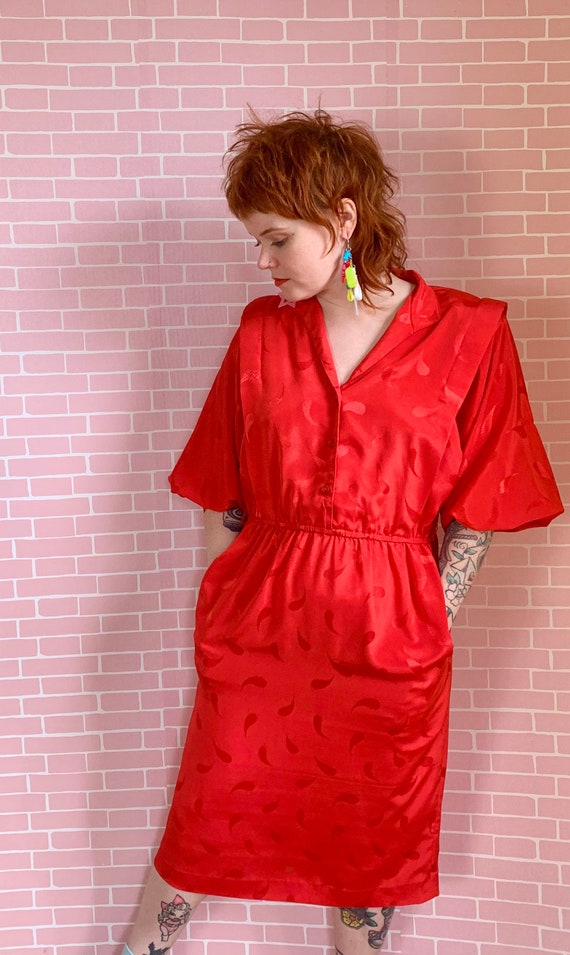 Vintage 1980’s Red Bat Wing Retro Silky Dress 1107 - image 3