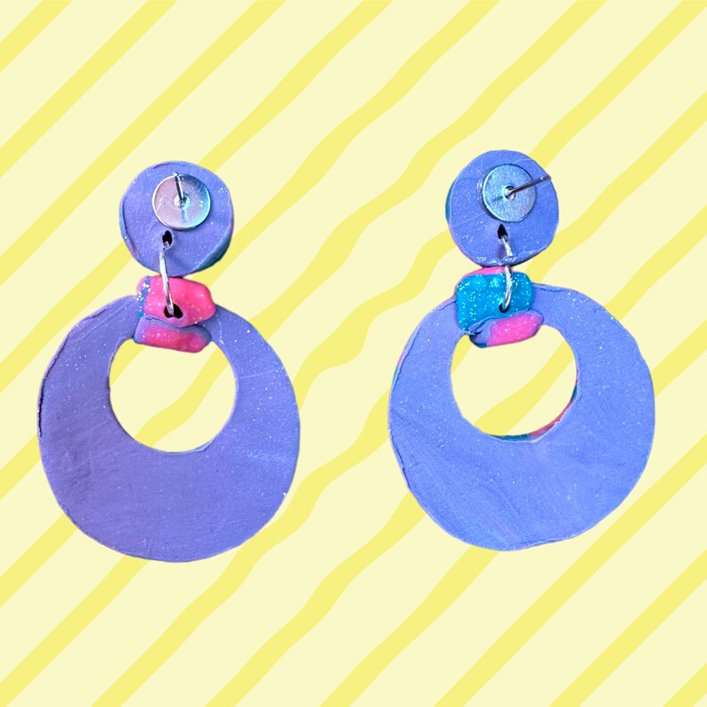 Handmade Polymer Clay Teal Blue and Pink Glitter Checked Print Dangle Round Earrings Kitsch Colorful image 2