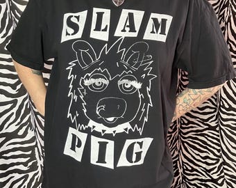 Slam Pig Punk Rock Miss Piggy Upcycled Screen Printed Black T Shirt size Adult Large Comfort Colors