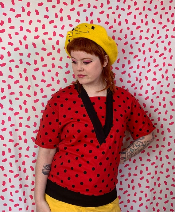 Vintage 1980’s Red with Black Polka Dots Retro Te… - image 4