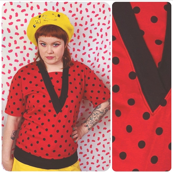 Vintage 1980’s Red with Black Polka Dots Retro Te… - image 1