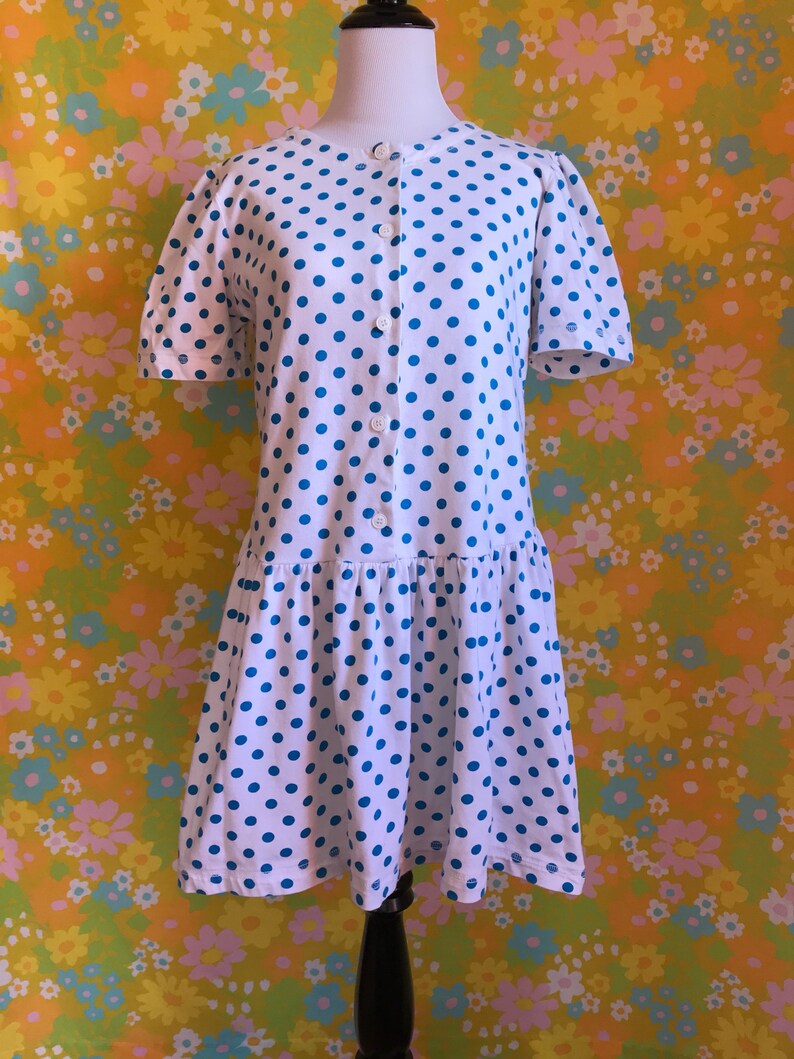 Vintage 1980/'s White with Blue Polka Dots Cotton Mini Cute Kawaii Retro Dress Large L