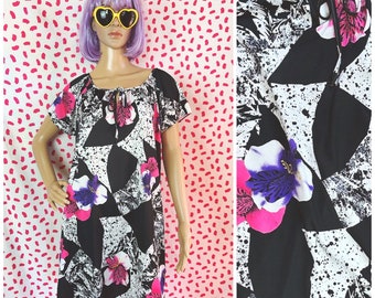 Vintage 1980’s Black White Pink and Purple Floral Retro Nightie Dress Cute Colorful Punk