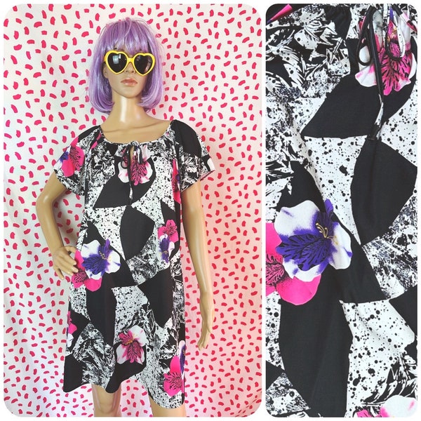 Vintage 1980’s Black White Pink and Purple Floral Retro Nightie Dress Cute Colorful Punk