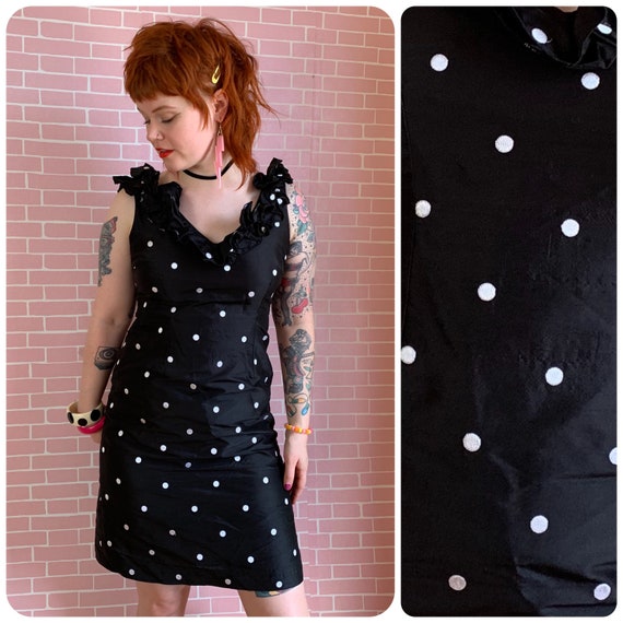 Vintage 1980’s Black And White Ruffled Polka Dot … - image 1