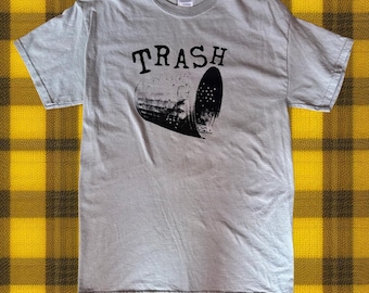 Trash can on a t shirt! Grey second hand t shirt in an adult sized MEIDUM screen printed upcycled
