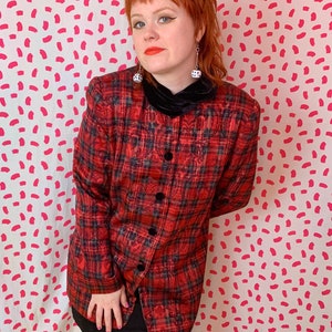 Vintage 1980s Red Plaid Shiny Velvet Collar Button Down Blouse or Blazer Jacket Mod Fancy Punk 1417 image 5