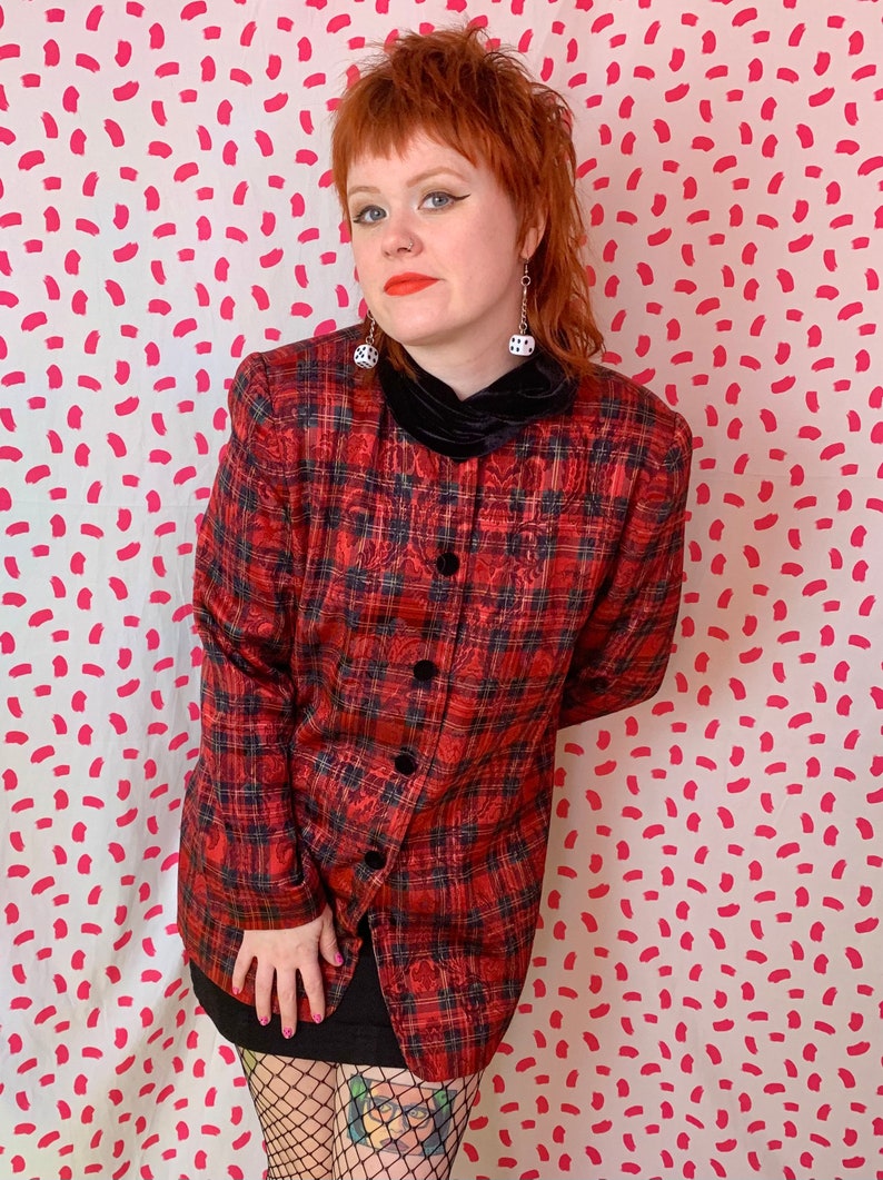 Vintage 1980s Red Plaid Shiny Velvet Collar Button Down Blouse or Blazer Jacket Mod Fancy Punk 1417 image 5