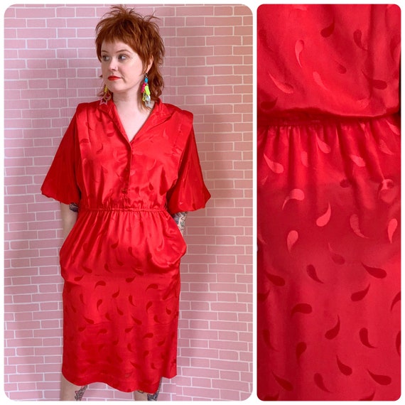 Vintage 1980’s Red Bat Wing Retro Silky Dress 1107