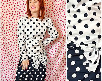 Vintage 1980’s Black and White Polka Dot Party Dress with Bow