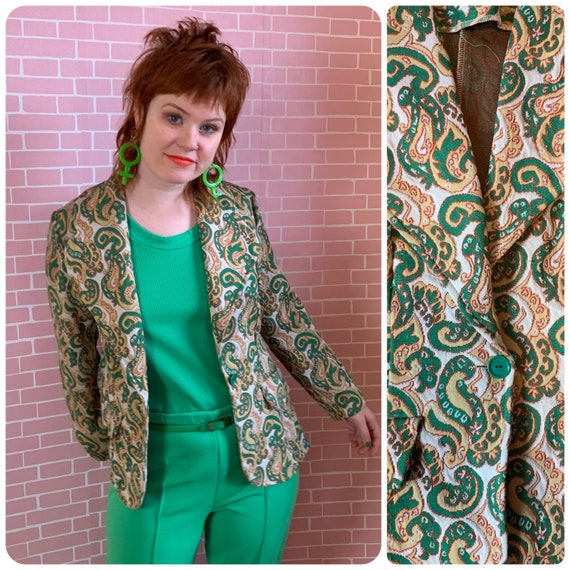 Vintage 1970’s Green and Gold Paisley Polyester Bl
