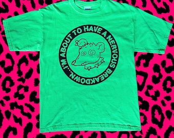 Nervous Breakdown Black Flag Rat T Shirt Neon Green Youth XL Upcycled Screen Printed