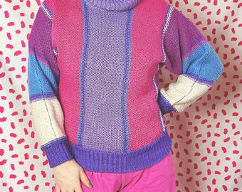 Vintage 1980’s Purple Pink Blue and White Cozy Turtleneck Colorblock Sweater Cute Colorful Kitsch