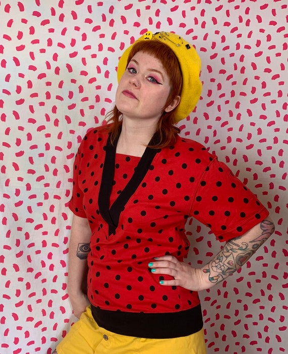 Vintage 1980’s Red with Black Polka Dots Retro Te… - image 3