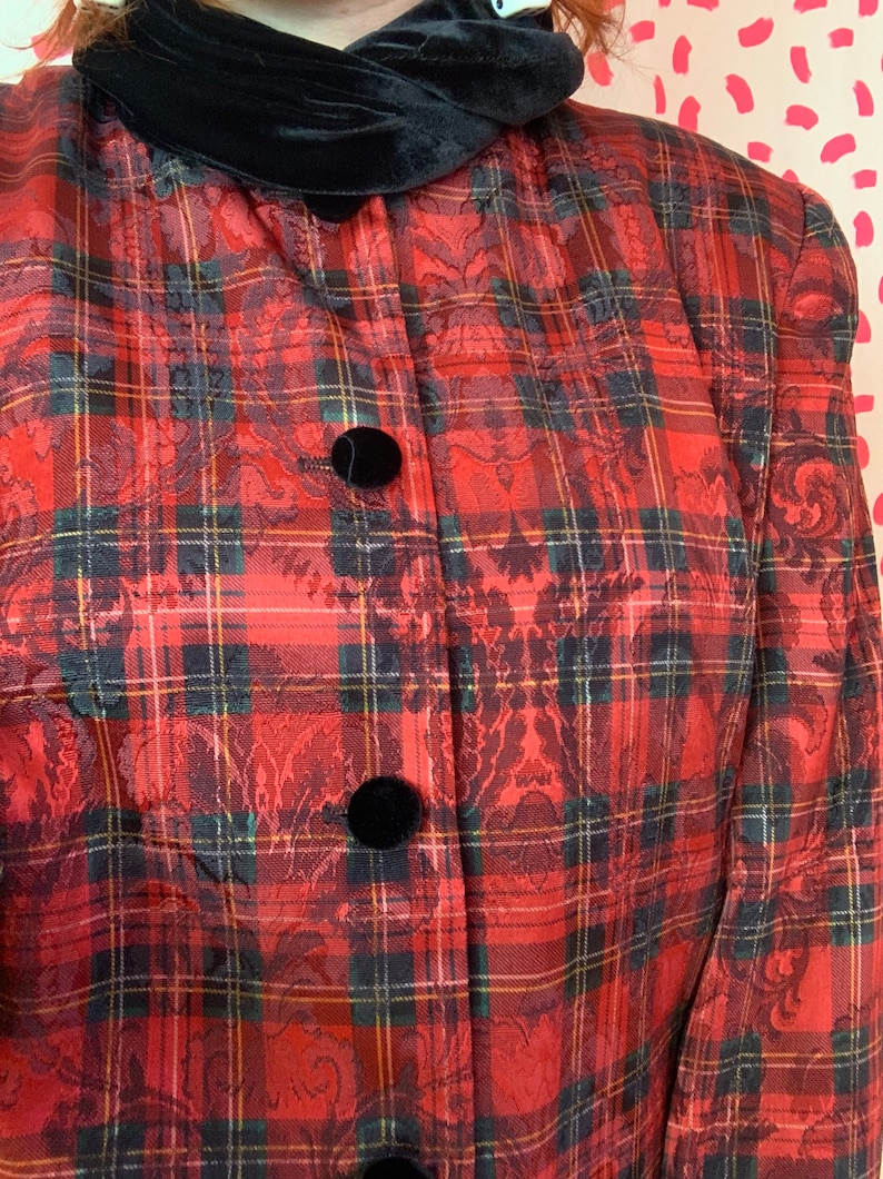 Vintage 1980s Red Plaid Shiny Velvet Collar Button Down Blouse or Blazer Jacket Mod Fancy Punk 1417 image 6