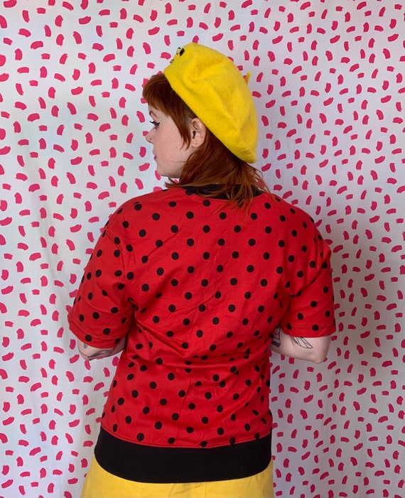 Vintage 1980’s Red with Black Polka Dots Retro Te… - image 2