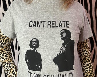 Ghost World Movie Upcycled Second Hand Screen Printed Heather Grey Tee Shirt Small “Can’t relate to 99% of humanity” cult classic