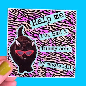 May include: A black cat wearing red sunglasses is on a pink and black zebra print background. The text "Help me I've had a tummy ache my whole life" is written in white letters on a blue background.