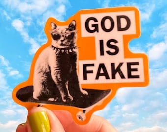 Orange Sticker Skateboarding Cat “God is Fake” Roughly 3” x 3” Water Bottle Laptop Sticker
