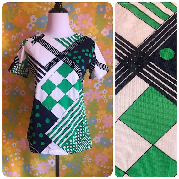 Vintage 1970's Green White and Navy Blue Funky Mo… - image 1