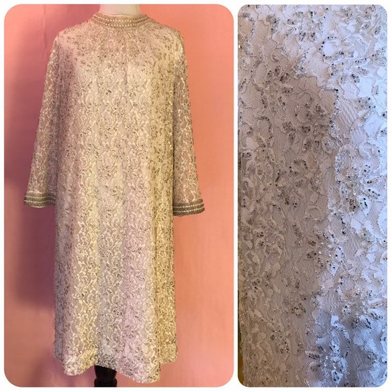 Vintage 1960's White Silver Mod Shift Fancy Sequin