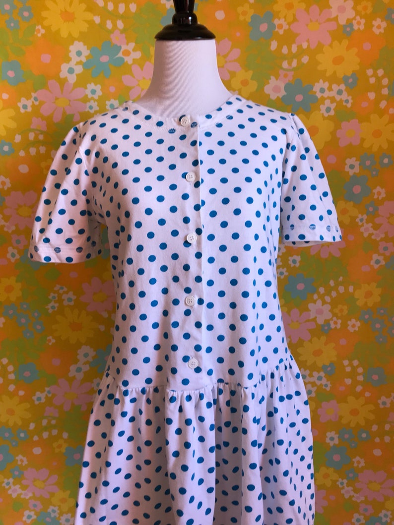 Vintage 1980/'s White with Blue Polka Dots Cotton Mini Cute Kawaii Retro Dress Large L