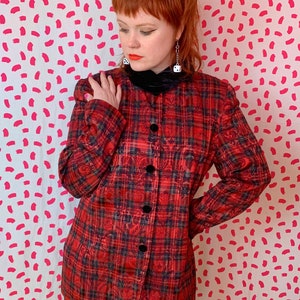 Vintage 1980s Red Plaid Shiny Velvet Collar Button Down Blouse or Blazer Jacket Mod Fancy Punk 1417 image 4