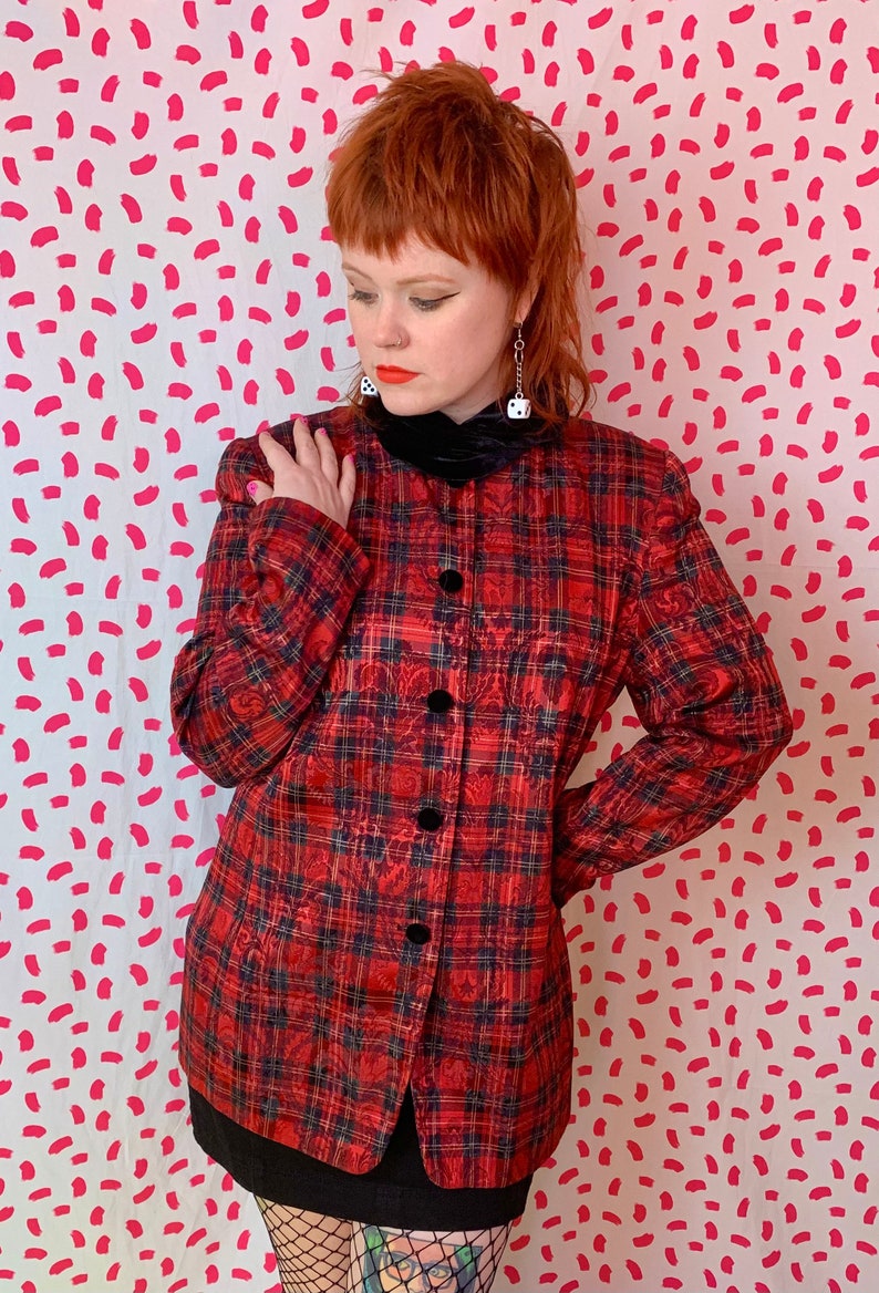 Vintage 1980s Red Plaid Shiny Velvet Collar Button Down Blouse or Blazer Jacket Mod Fancy Punk 1417 image 4