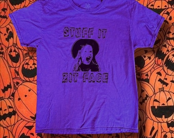 Hocus Pocus Danni Dennison “Stuff it zit face” upcycled Dark Purple Medium M Tee Shirt