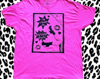 Living On Shattered Faith Punk Tee Shirt size 2XL Hot Pink Upcycled Second Hand Distillers Lyrics