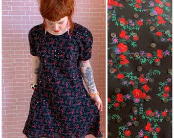 Vintage 1980’s Black with Red Flowers And Sequins Retro Dress