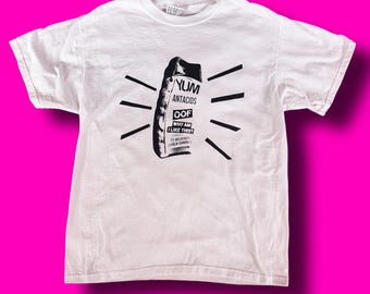Fake Bottle of Antacids Tums T Shirt Funny Tummy Ache Survivors IBS Babes Upcycled Screen Printed Large and 2XL available