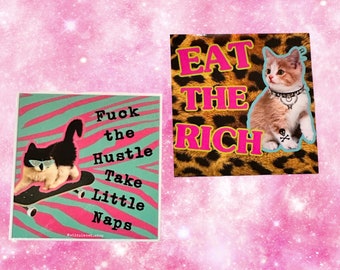 Punk Anti Capitalist Cat Sticker Two Choices “Eat The Rich” and “Fuck The Hustle…” 3” Square Stickers