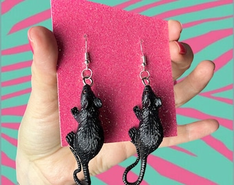 Handmade Black Rubber Rat Earrings Dangle Kitsch Funny Halloween Katya