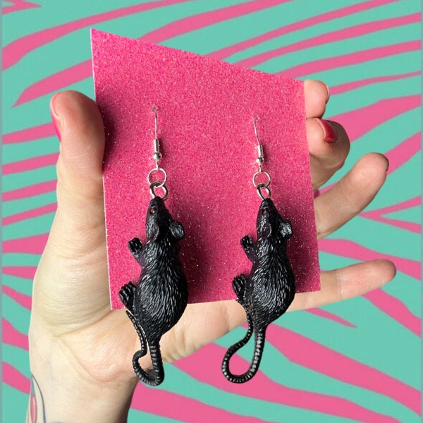 Handmade Black Rubber Rat Earrings Dangle Kitsch Funny Halloween Katya