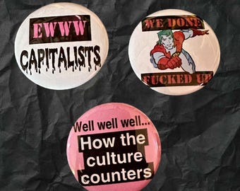 Anti Capitalist Captain Planet Environmentalist Counter Culture Buttons 1.75” Diameter Metal Backing
