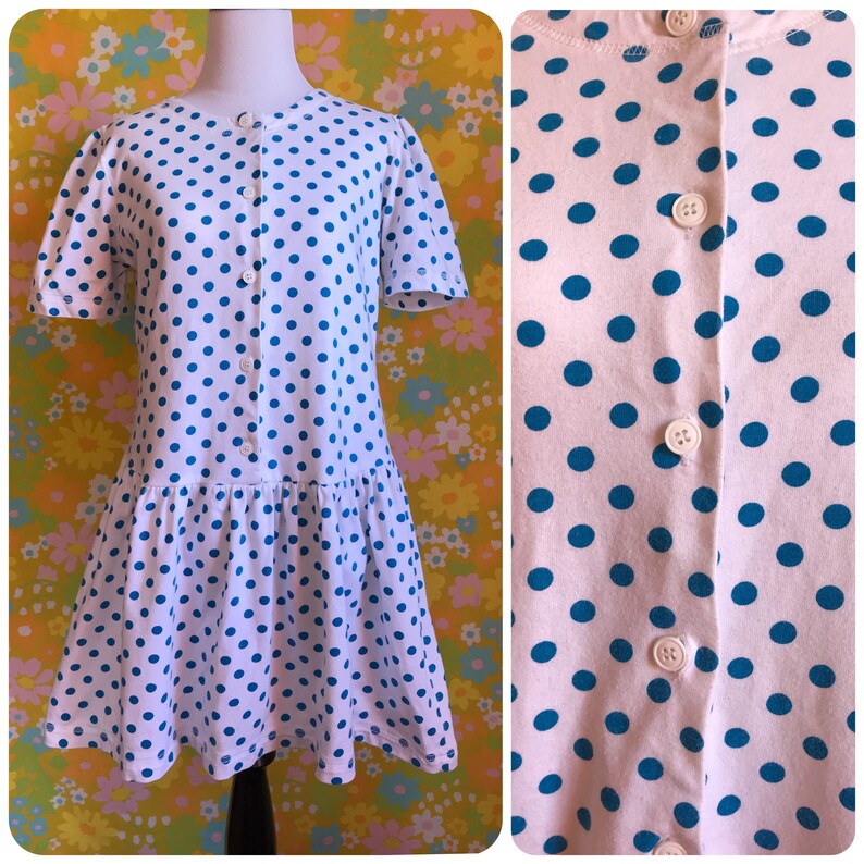 Vintage 1980/'s White with Blue Polka Dots Cotton Mini Cute Kawaii Retro Dress Large L