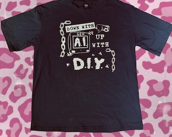 Down with Gen AI up with DIY black t shirt adult MEDIUM M punk Screen printed sustainable second hand