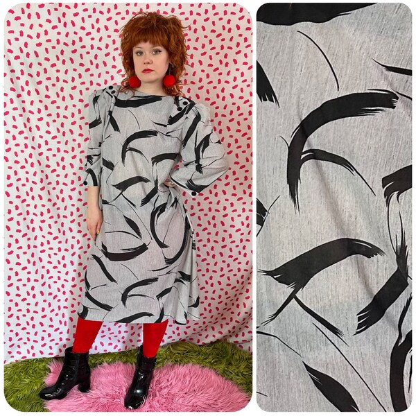 Vintage 1980’s Grey and Black Abstract Puff Sleeve Shift Dress