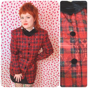 Vintage 1980s Red Plaid Shiny Velvet Collar Button Down Blouse or Blazer Jacket Mod Fancy Punk 1417 image 1