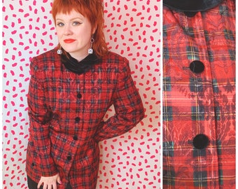 Vintage 1980’s Red Plaid Shiny Velvet Collar Button Down Blouse or Blazer Jacket Mod Fancy Punk 1417