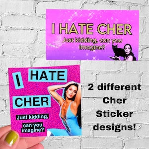 May include: Two sticker designs featuring the text "I Hate Cher" with a pink background and a picture of Cher. The text "Just kidding, can you imagine?" is also included on both stickers.