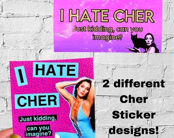 May include: Two sticker designs featuring the text "I Hate Cher" with a pink background and a picture of Cher. The text "Just kidding, can you imagine?" is also included on both stickers.